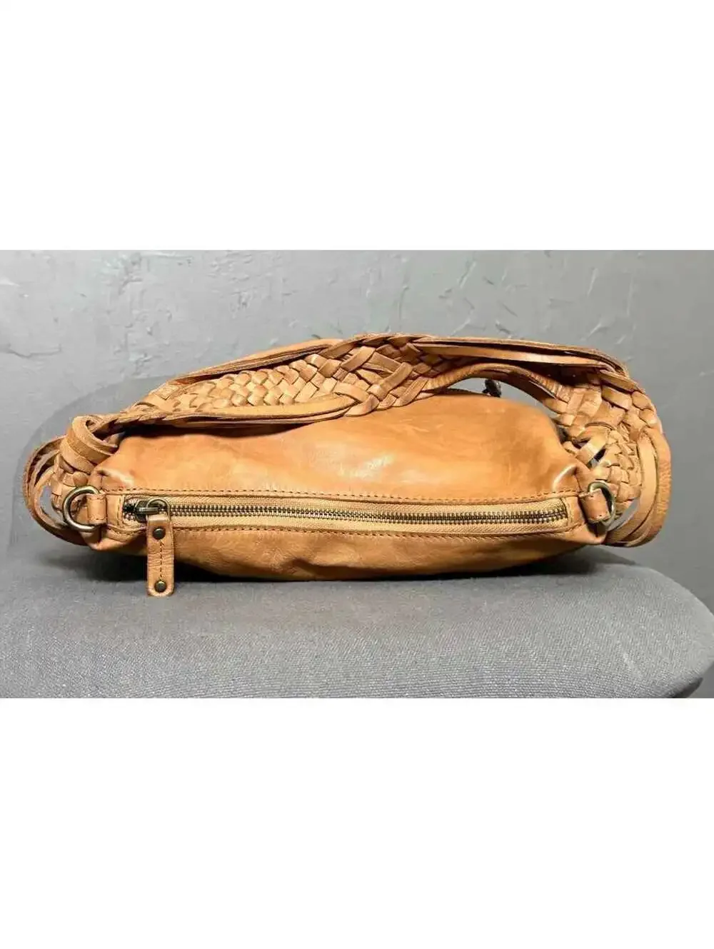 Golden Tan Leather Hobo Bag Woven Leather Handle + Removeable Crossbody Strap